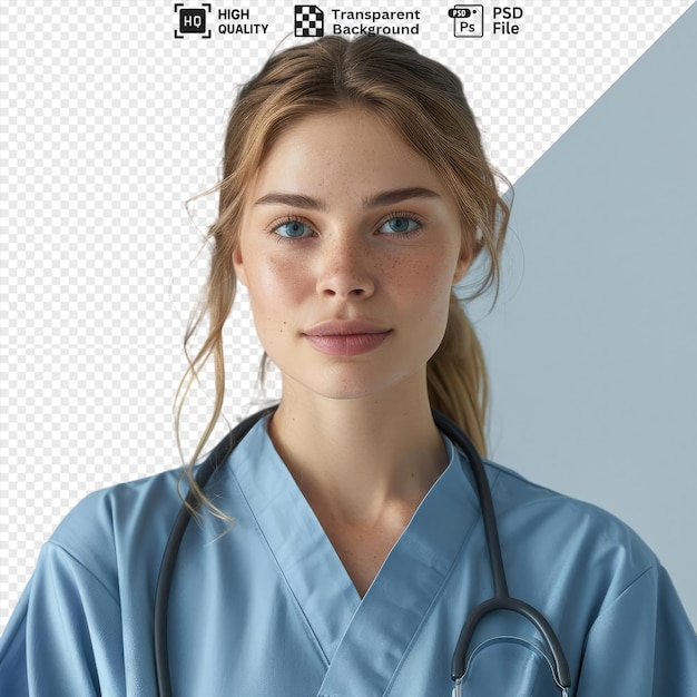 Transparent of confident young female doctor wearing uniform fith stethoscope with brown and blond hair blue eyes and a small nose standing in front of a blue wall