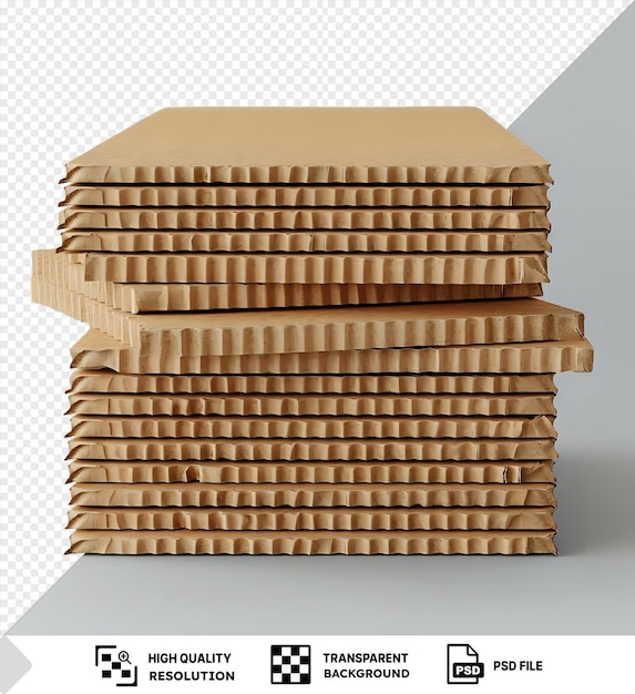 PSD transparent corrugated fiberboard scraps stacked on top of each other against a white wall with a dark shadow in the foreground png