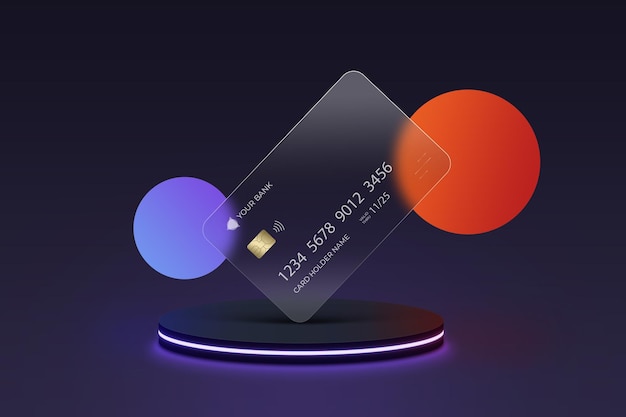 Transparent credit card on podium or glass morphism plastic card mockup