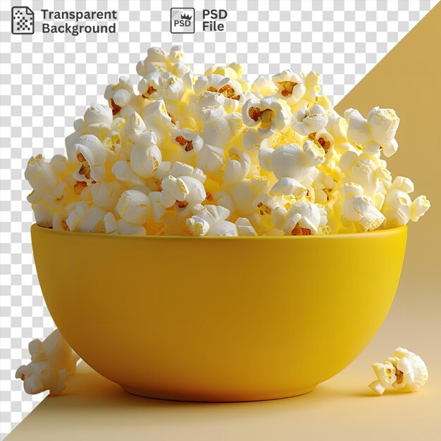 PSD transparent crunchy bowl of popcorn on a yellow table against a yellow wall