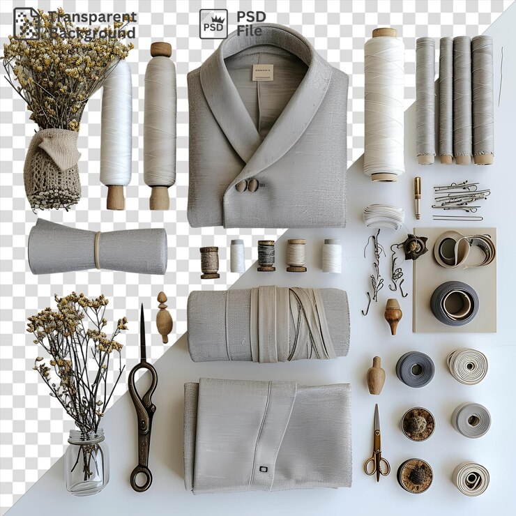 PSD transparent custom tailoring and sewing set displayed on a transparent background accompanied by a clear glass vase and a pair of black scissors