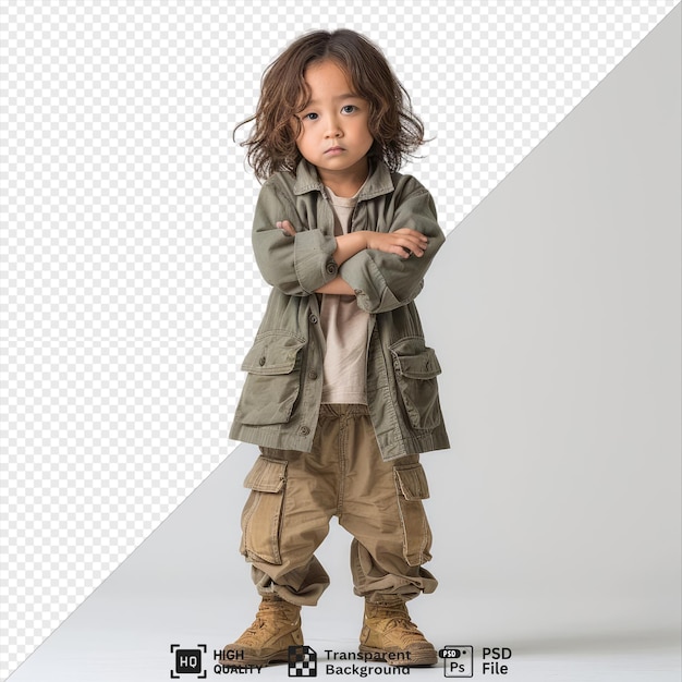 PSD transparent a disheartened child boy with wavy hair from the asian ethnicity dressed in conservationist attire poses in a standing with one foot forward style wearing a gray jacket brown boots png