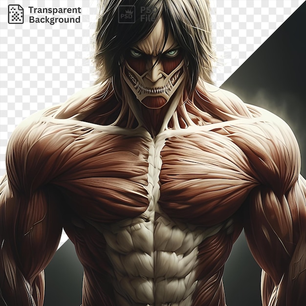 PSD アタック・オン・タイタン (attack on titan) のエレネ・イーガー (eren yeager) は驚くべき緑色の目と突出した鼻を披露し印象的な体格に長い腕を加えて写真にポーズをとっています