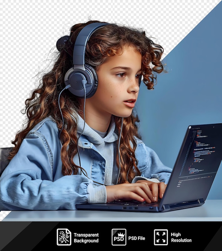 PSD transparent focused teenager with headphones who programs on a laptop png