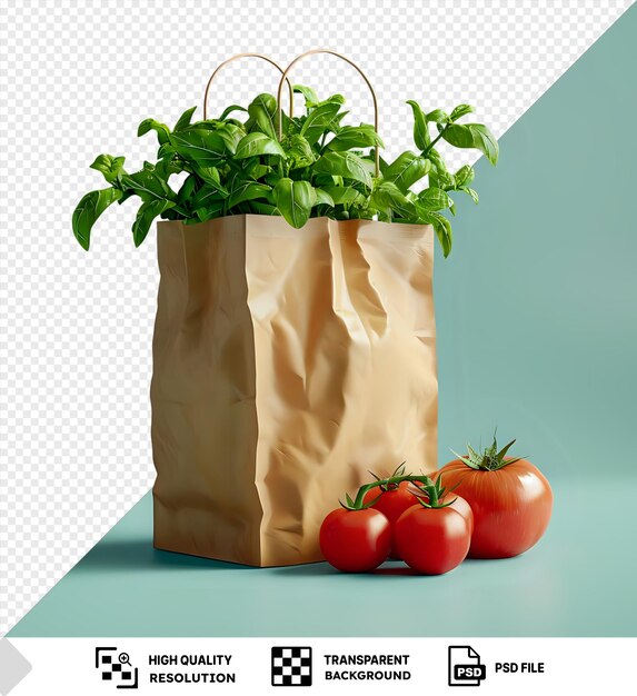 Transparent fresh vegetables mockup in recyclable paper bag with copy space featuring a red tomato and green leaf placed on a blue table against a blue wall with a dark shadow