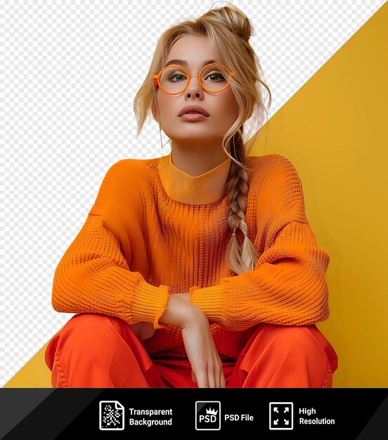 PSD transparent full size photo of lovely young woman sit floor point copyspace dressed stylish orange knitted look with glasses on her face