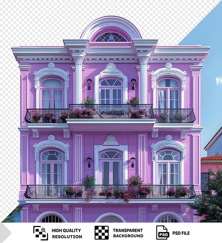 PSD transparent georgian house with pink facade and black balcony surrounded by green trees and blue sky featuring arched and glass windows png psd