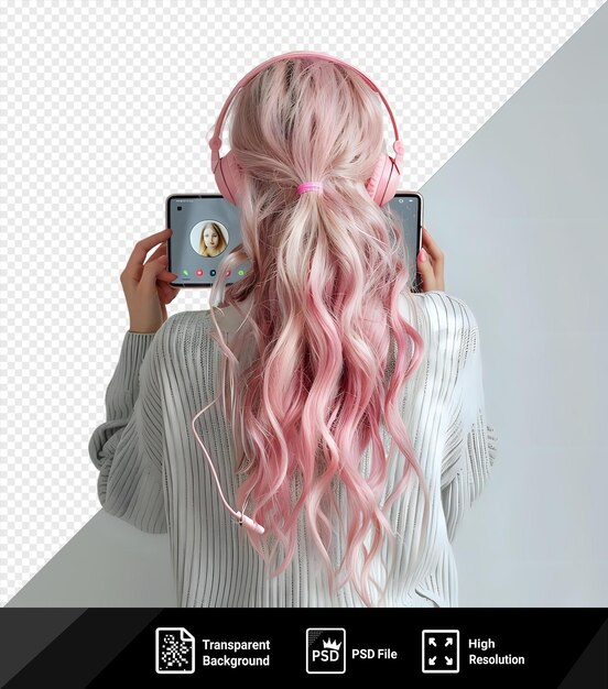 PSD transparent a girl with pink hair having a video call in front of a white wall wearing a white shirt and pink headband with a hand visible in the foreground png psd