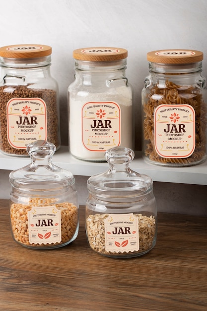 Transparent glass jar mock-up on shelf