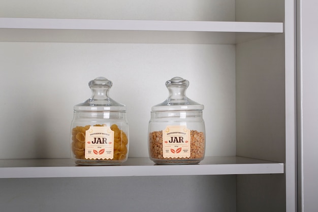 Transparent glass jar mock-up on shelf