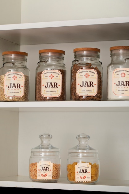 Transparent glass jar mock-up on shelf