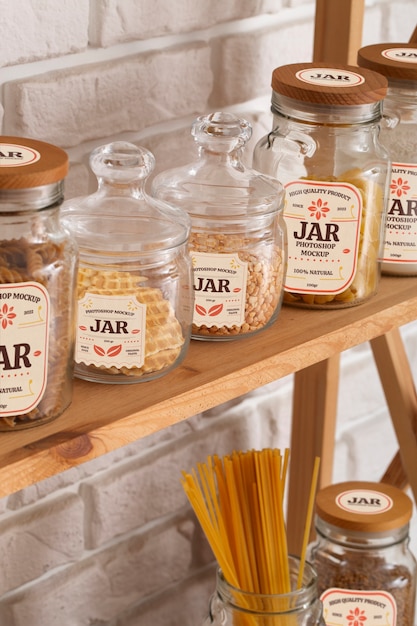 Transparent glass jar mock-up on shelf