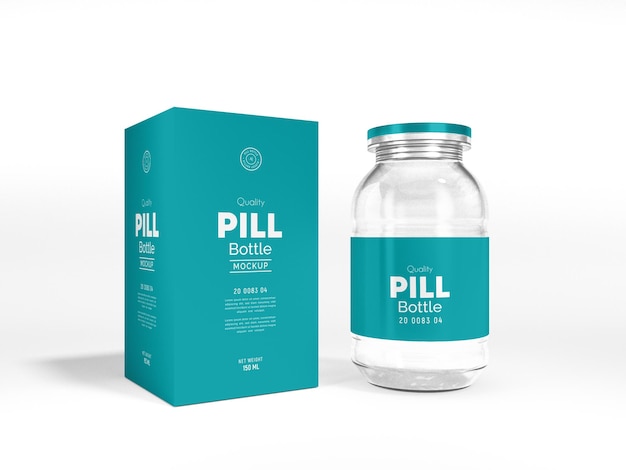 PSD transparent glass pill container jar packaging mockup