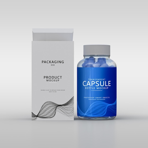 Transparent Glass-Plastic Capsule Bottle Label and box Mockup