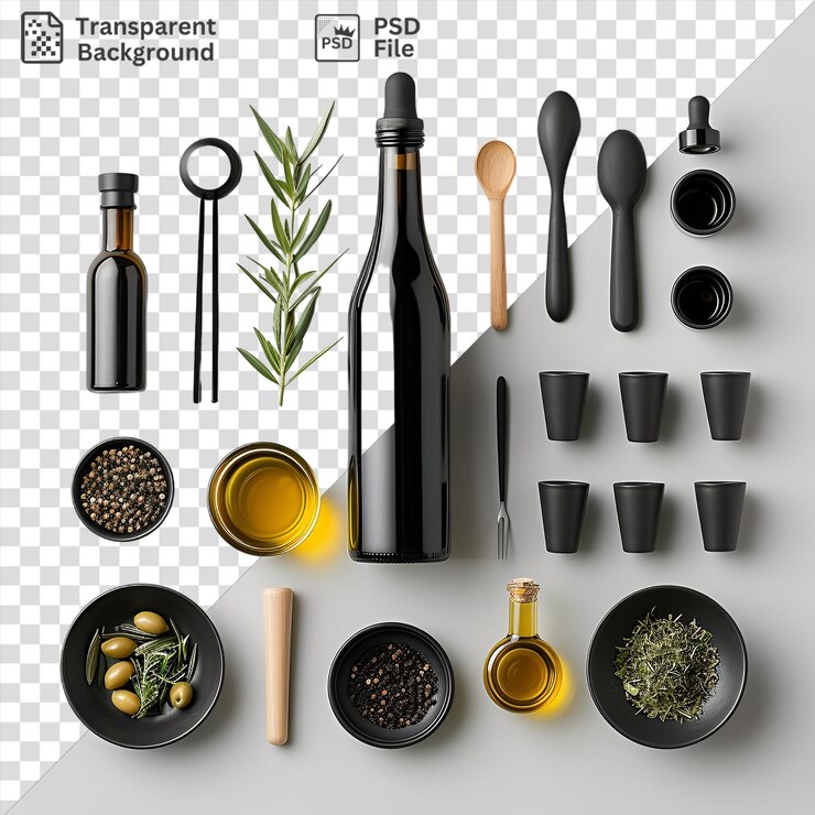 PSD transparent gourmet olive oil tasting set displayed on a transparent background accompanied by black cups and spoons with a black bottle in the background