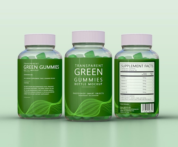 PSD transparent green gummies supplement bottles 3 view psd mockup