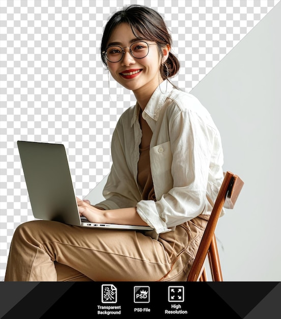 PSD transparent happy _ girl _ with _ laptop sitting on a chair