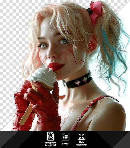 투명한 할리  (harley Quinn) 은 조커 (joker) 로 코스플레이를 하며, 눈에 띄는 파란색과 초록색의 눈, 작은 코와 분홍색과 빨간색 입술, 검은색 목걸이를 입고 빨간색 손을 들고 있다.