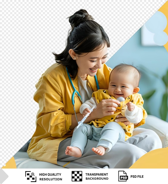 PSD transparent healthcare professional injecting a baby on the couch with a blue pillow while wearing a yellow jacket and gray pants against a blue wall with the babys small hand visible in png psd