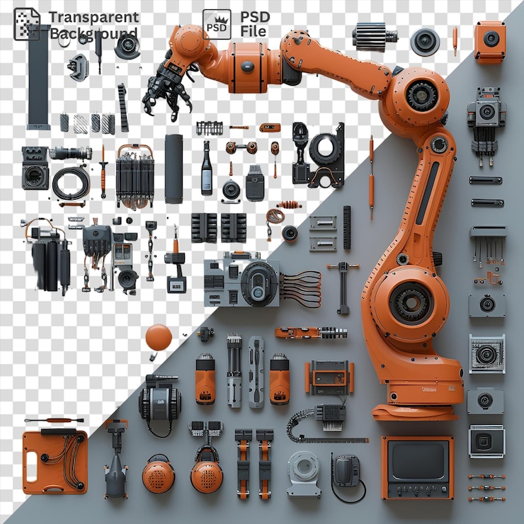 PSD transparent high tech robotics and automation set displayed on a gray and white wall accompanied by a silver and gray camera an orange toy and a silver and gray camera
