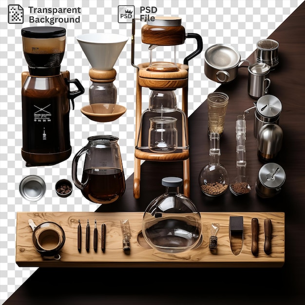 PSD Прозрачный набор домашнего пивоваренного кофе, выставленный на белой стене с черной чашевой серебряной ложкой и коричневой деревянной ручкой с черно-белыми часами на заднем плане