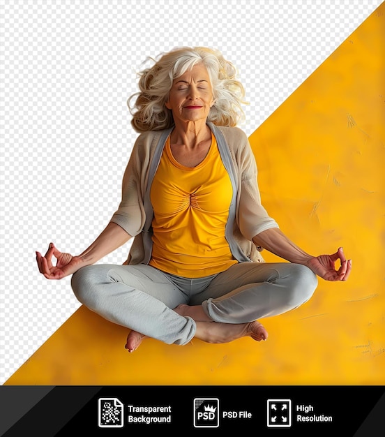 Transparent home yoga pose of a woman with blond hair wearing a yellow shirt and gray pants standing in front of a yellow wall with her bare feet visible png psd