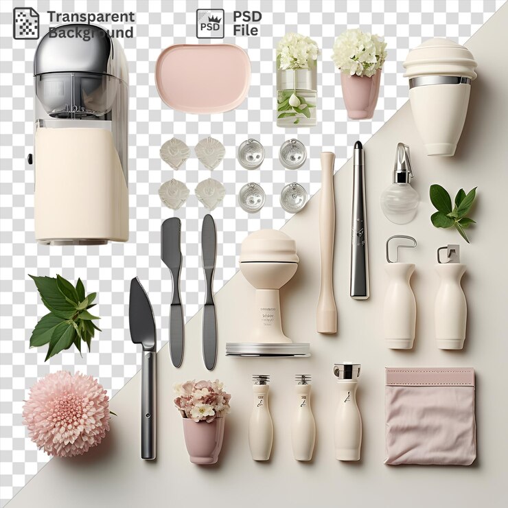 PSD transparent ice cream making set displayed on a transparent background with a variety of flavors including white pink and brown ice cream accompanied by a white bowl