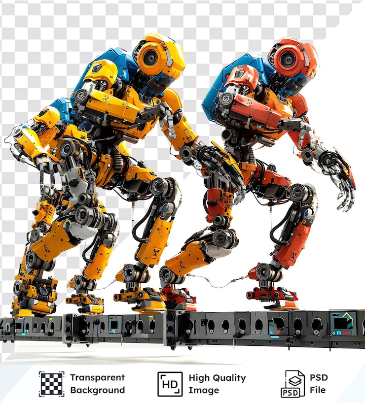 PSD transparent image of two robots walking on a platform futuristic mechanical designs with detailed j