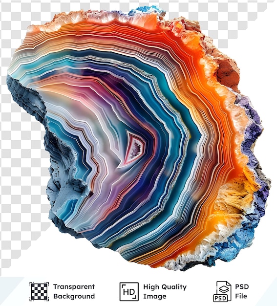 a transparent image of a vibrant agate geode with intricate patterns and color variations