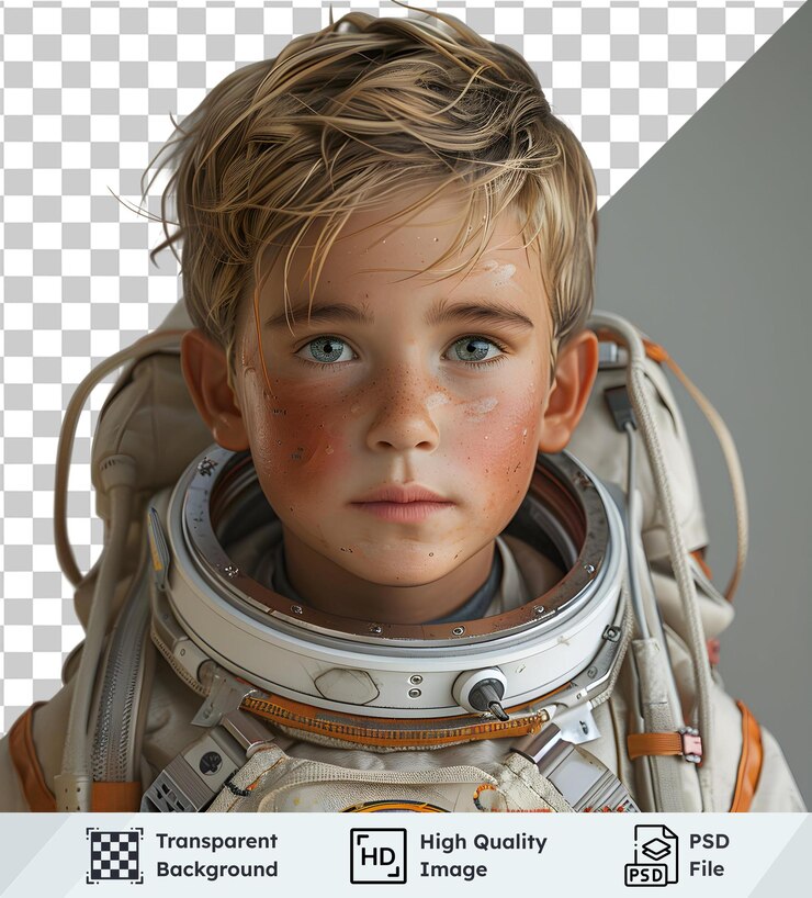 PSD transparent image of a young astronaut with a serious expression looking up at the stars