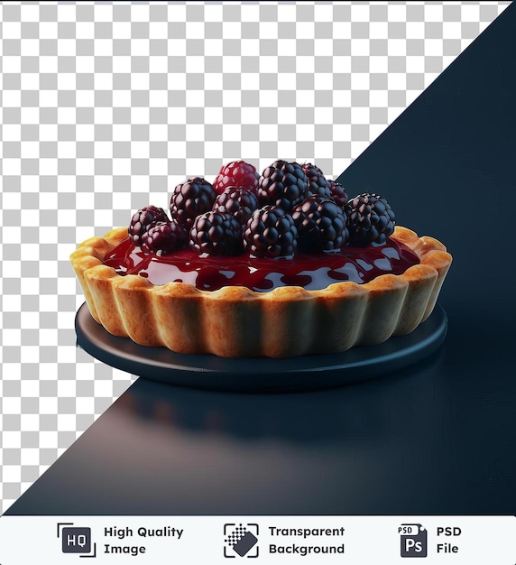 Transparent juicy blackberry tart topped with fresh berries on a blue plate placed on a black and blue table with a shiny reflection visible in the background