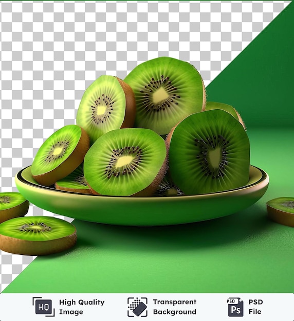 Transparent juicy kiwi slices in a green bowl sit on a green table against a green wall casting a green shadow