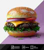 PSD transparent kofte burger with yellow cheese and purple onions on a brown bun topped with a green leaf