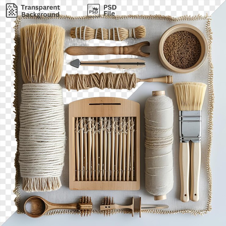 PSD transparent macrame and weaving tools set displayed on a transparent background accompanied by a wooden spoon and a white bottle