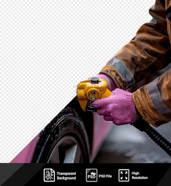 PSD di mani maschili trasparenti con pompa vicino alla ruota dell'auto indossando guanti viola e rosa accanto a un'auto rosa