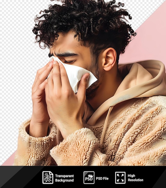 Transparent a man cleaning his nose with a face tissue while standing in front of a pink wall with his hand and ear visible and his black hair framing his face png