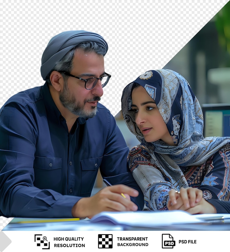 PSD transparent a man and a woman in the office talking and discussing a project png