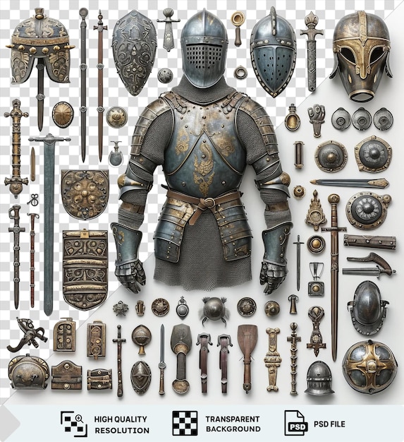 PSD transparent medieval armor and weaponry collection set displayed on a transparent background