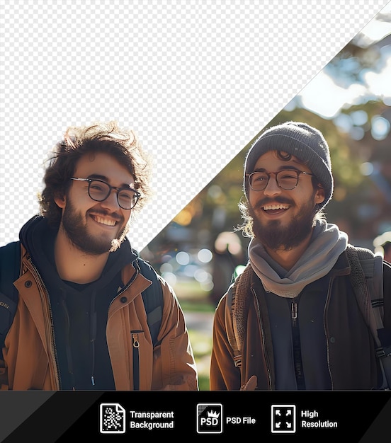 Transparent meeting of two men one with a brown beard and black glasses the other with curly brown hair and a gray scarf standing in front of a tree the man with the brown beard png psd