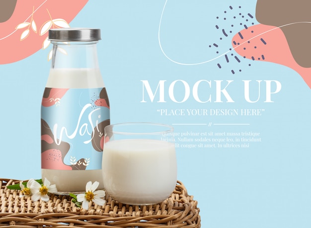 Transparent milk bottle mockup with glass