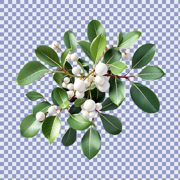 PSD transparent mistletoe branch with green leaves and white berries for holyday themes