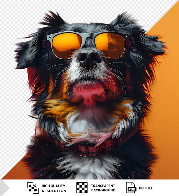 PSD transparent mockup of a dog with sunglasses and a red collar featuring black ears a black nose and a white chest png