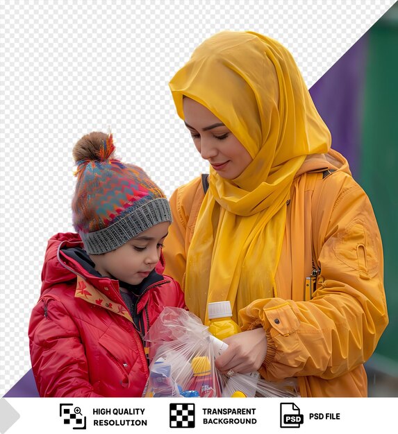 PSD transparent mom and daughter gathering garbage in a park looking busy with the mother wearing scarf