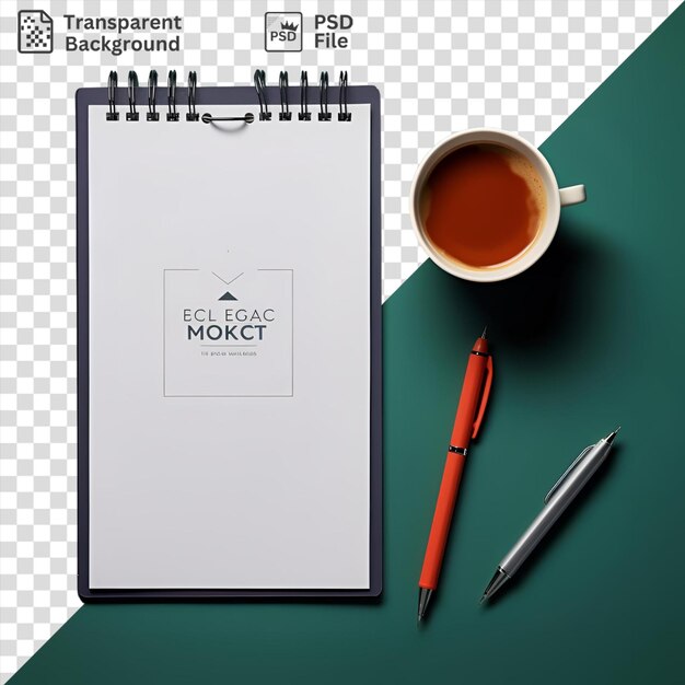 PSD transparent notebook and orange pen on green table next to a cup of coffee