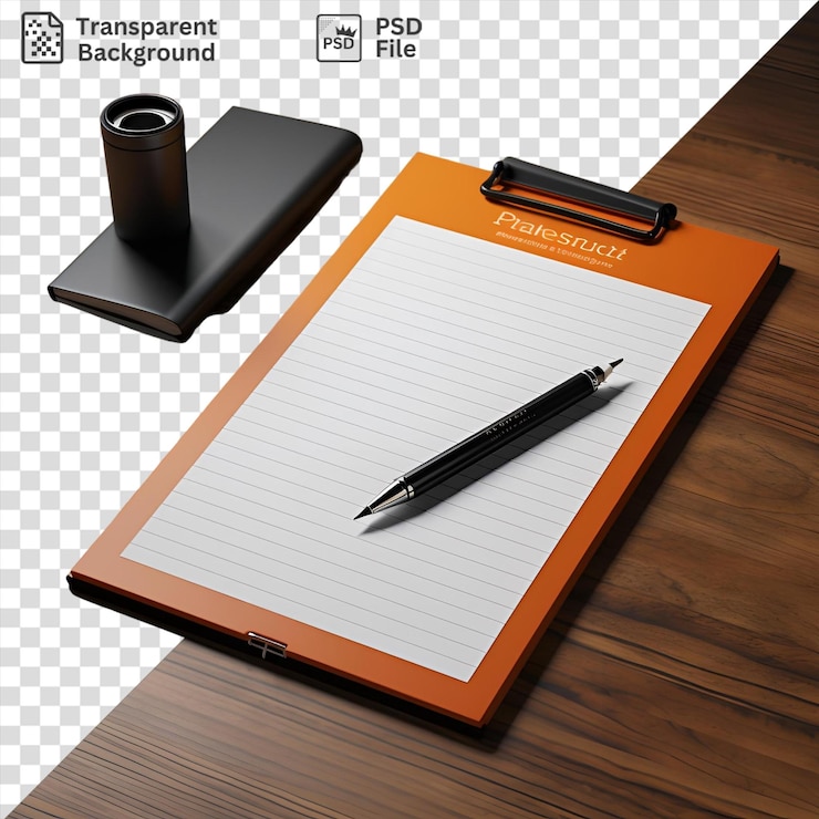 PSD transparent notebook and pen on wooden table with black pen