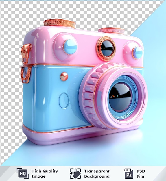 PSD oggetto trasparente 3d logo di instagram con una telecamera rosa su un tavolo blu con un buco blu rotondo