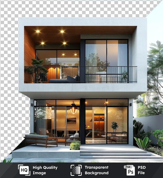 Transparent object 3d mockup of a modern house in lush greenery and clear blue sky featuring a