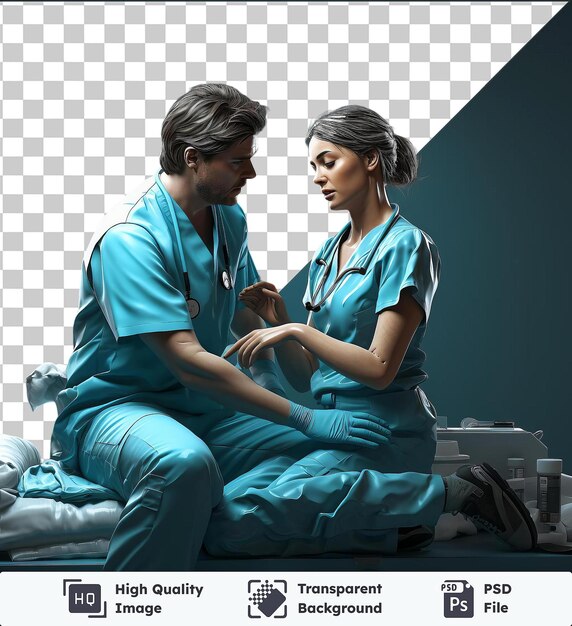 PSD transparent object 3d nurse caring for a patient in a hospital room with a blue wall and floor wearing a blue shirt and pants and holding a hand up to the patient39s ear