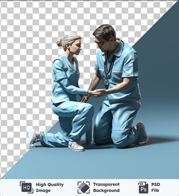 PSD transparent object 3d nurse caring for a patient with blond hair and black glasses wearing a blue shirt and pants with a dark shadow in the background