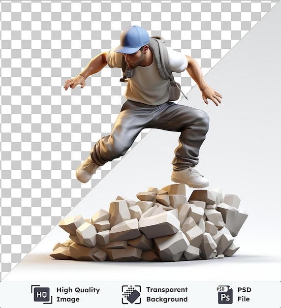 PSD transparent object 3d parkour athlete cartoon performing daring stunts 3d rendering